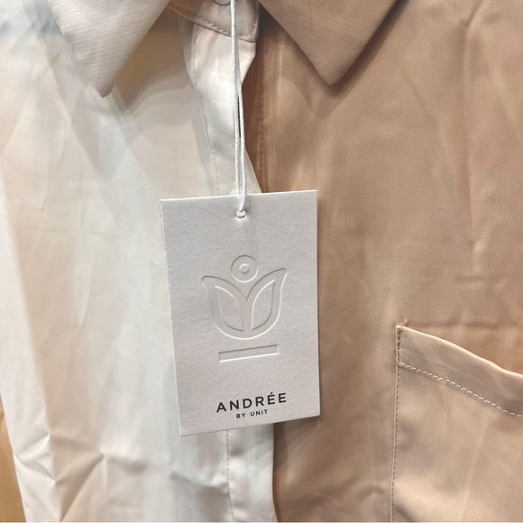 Andrew by Unit Beige and Tan Sided Button Down Long Sleeve Blouse - Picture 4 of 9